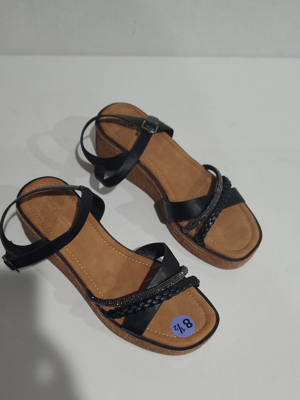 Forever Comfort Black Braided Strap Wedge Sandals Size 8.5